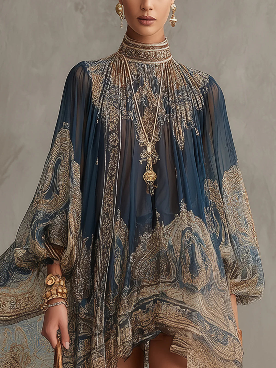 Navy Blue Baroque Print High-neck Irregular Mini Dress