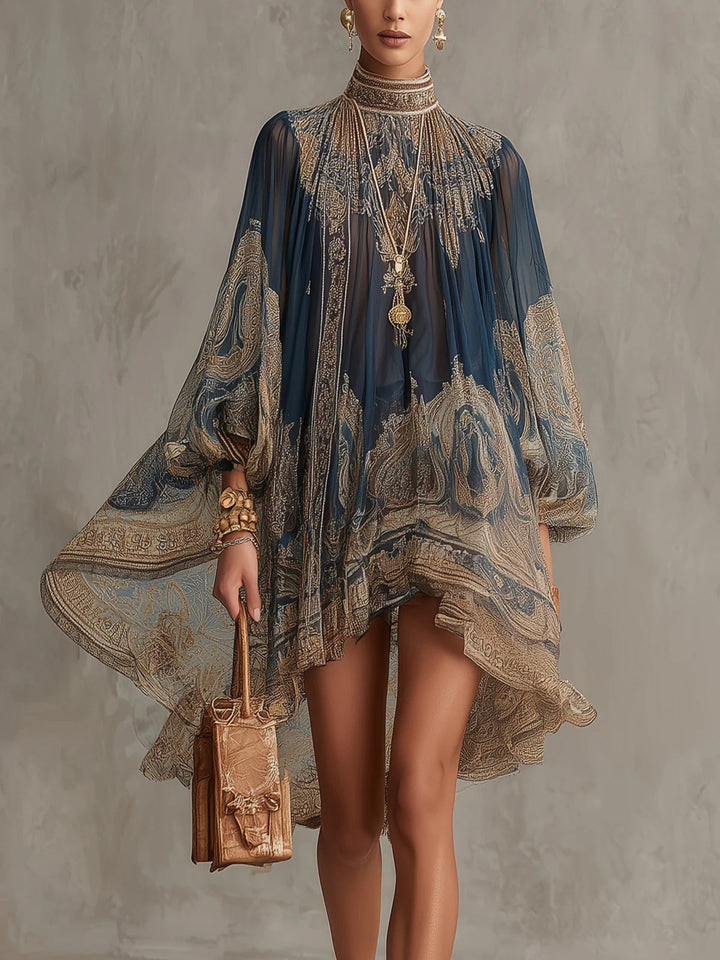 Navy Blue Baroque Print High-neck Irregular Mini Dress