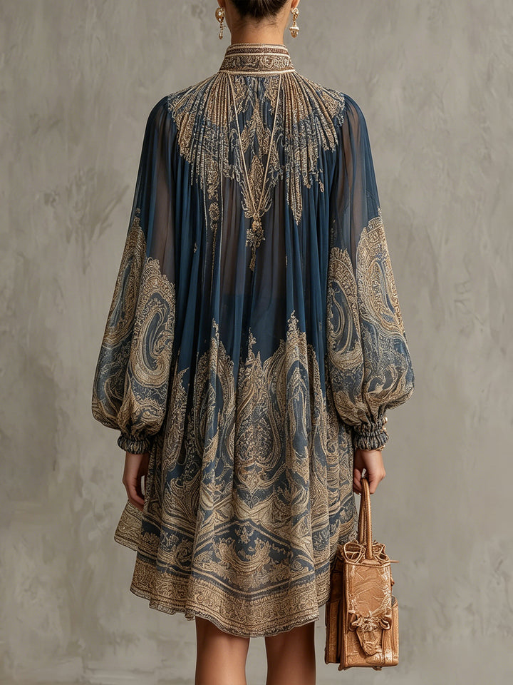 Navy Blue Baroque Print High-neck Irregular Mini Dress