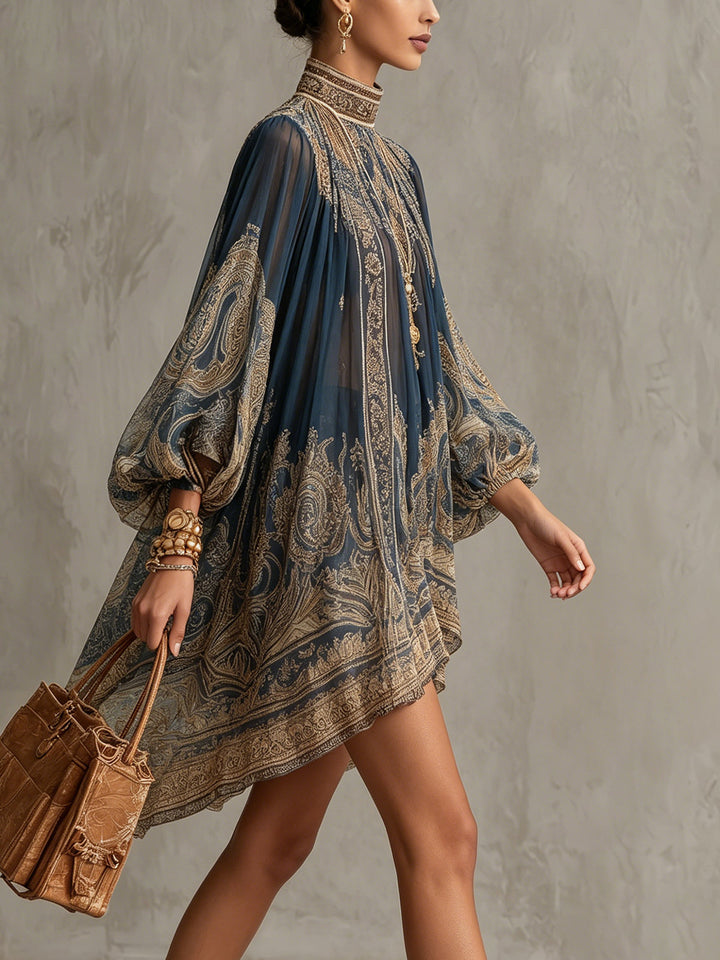 Navy Blue Baroque Print High-neck Irregular Mini Dress