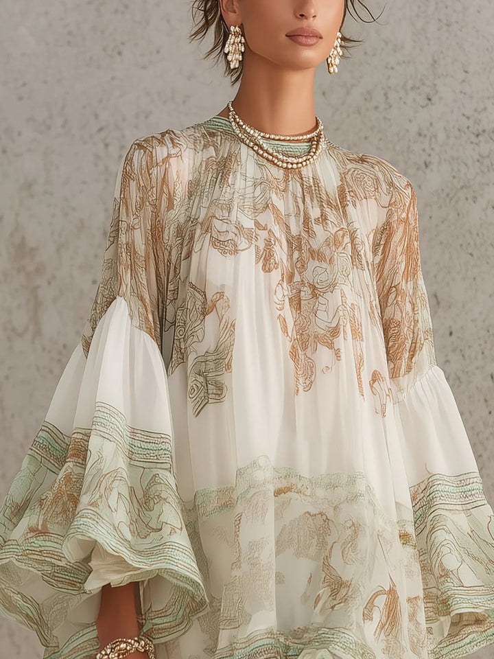 Green Print Ruffle Hem Flounce Sleeve Mini Dress