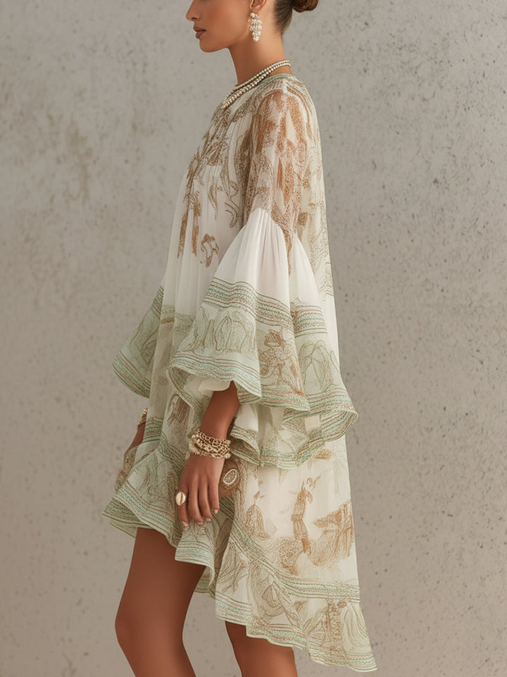 Green Print Ruffle Hem Flounce Sleeve Mini Dress