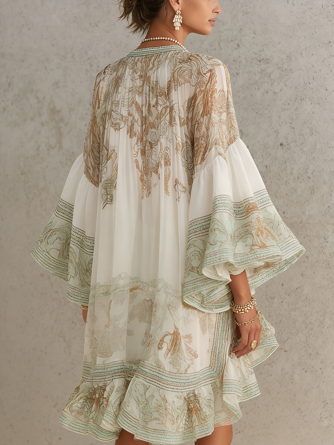 Green Print Ruffle Hem Flounce Sleeve Mini Dress