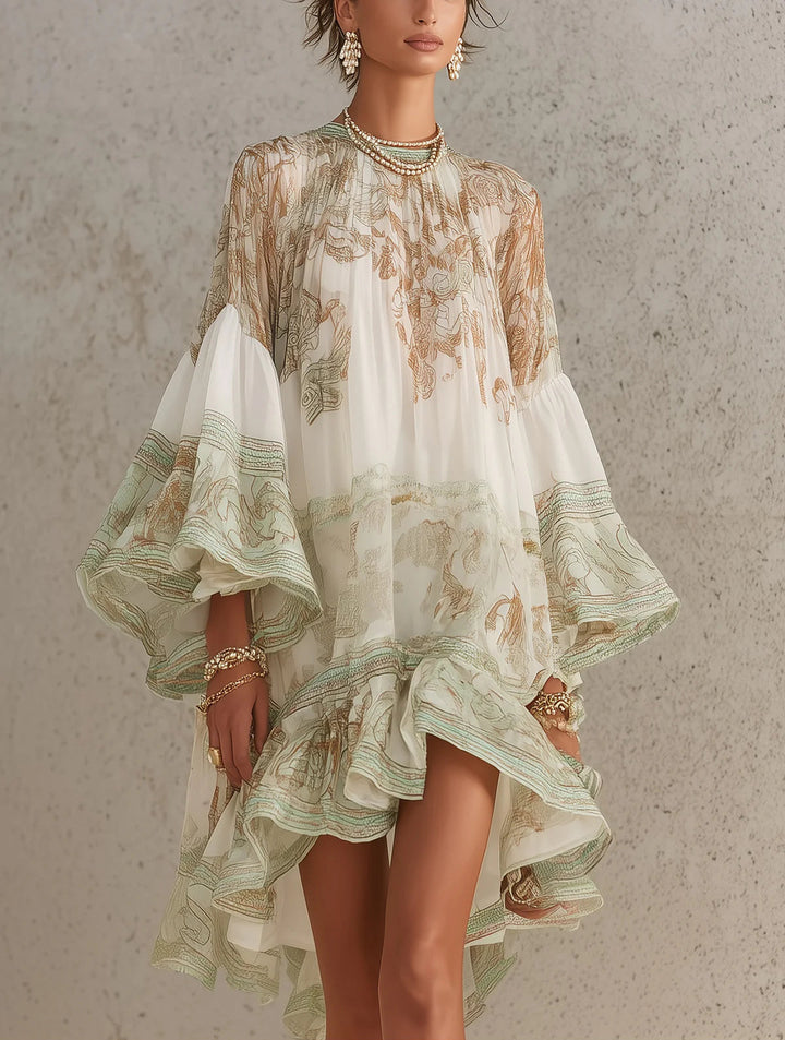Green Print Ruffle Hem Flounce Sleeve Mini Dress