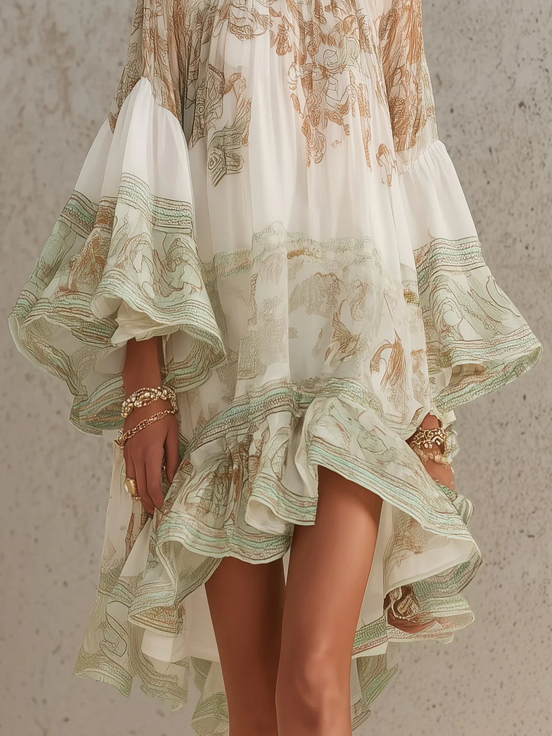 Green Print Ruffle Hem Flounce Sleeve Mini Dress