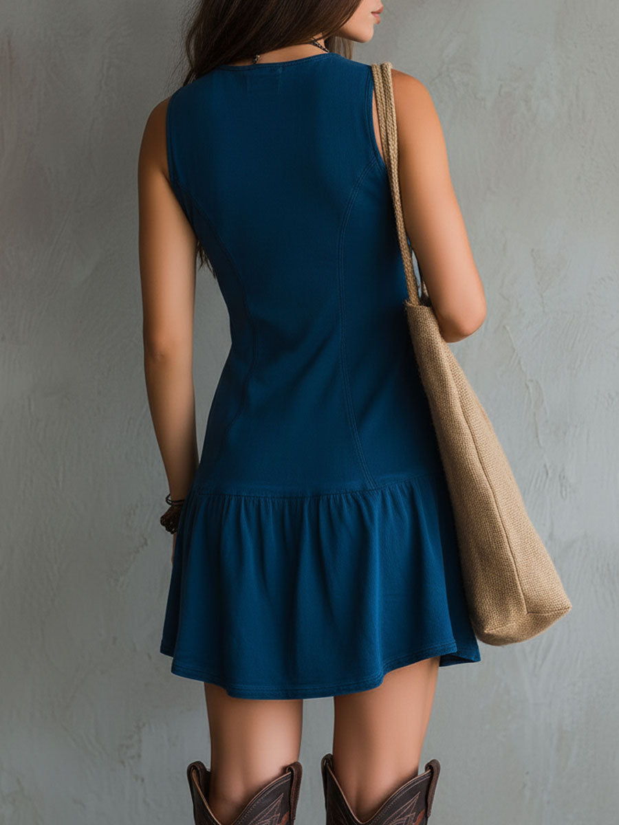 Bohemian Indigo V-Neck Button-Down Sleeveless Mini Dress