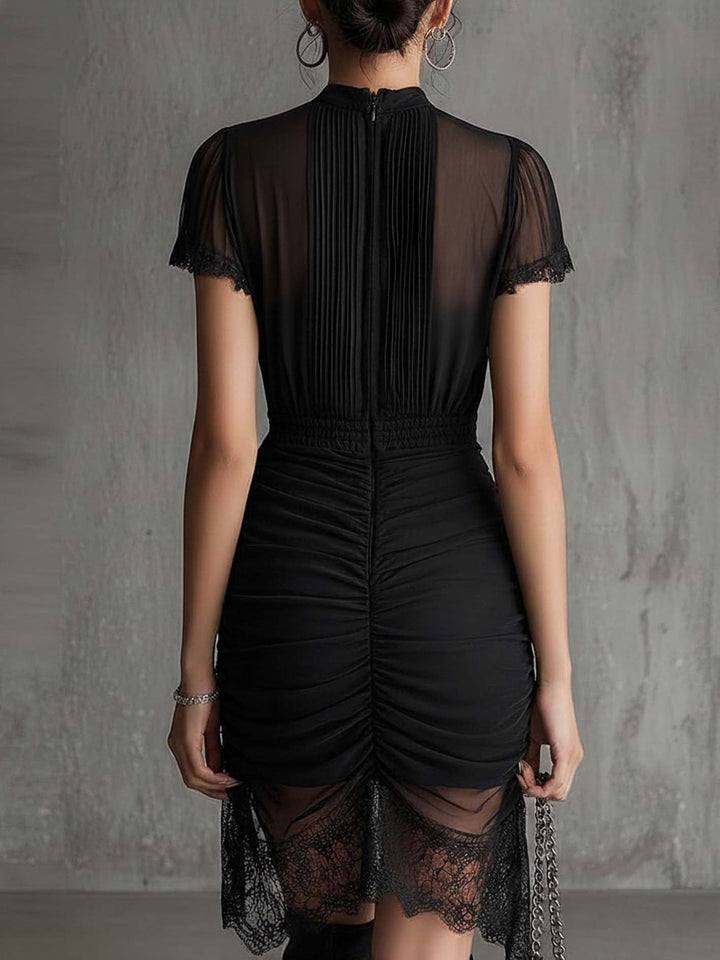Black Pleated Waist Lace-trimmed Mini Dress