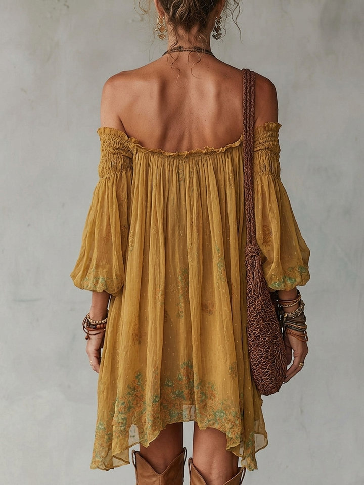 Yellow Chiffon Floral Off Shoulder Mini Dress