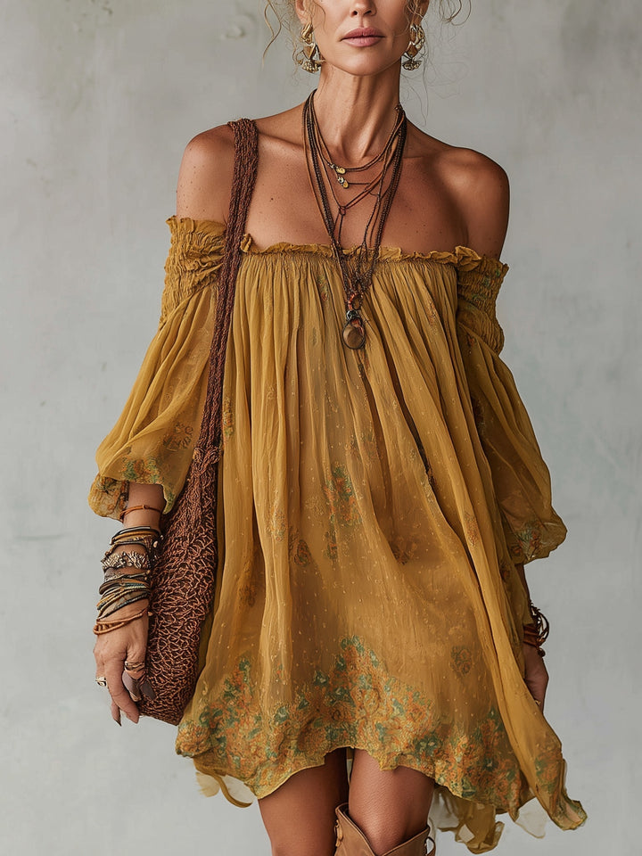 Yellow Chiffon Floral Off Shoulder Mini Dress