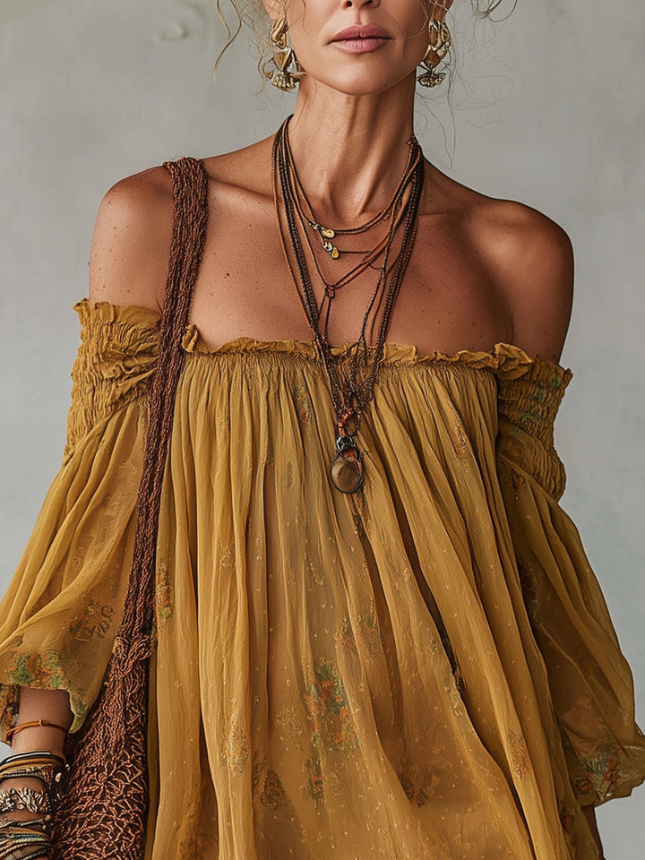 Yellow Chiffon Floral Off Shoulder Mini Dress