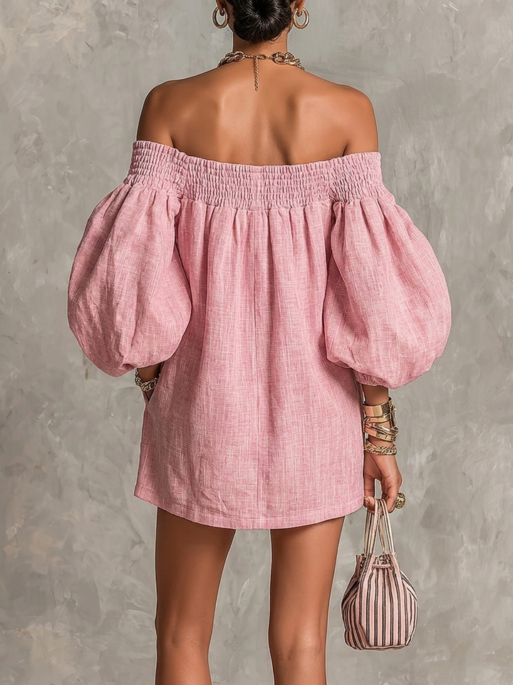 Pink Off-shoulder Lantern Sleeve A-line Loose Mini Dress