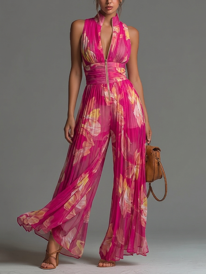 Zsófia Jumpsuit | Fuchsia Floral Pleated Chiffon