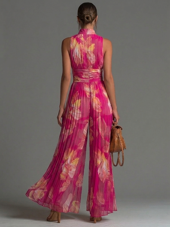 Zsófia Jumpsuit | Fuchsia Floral Pleated Chiffon