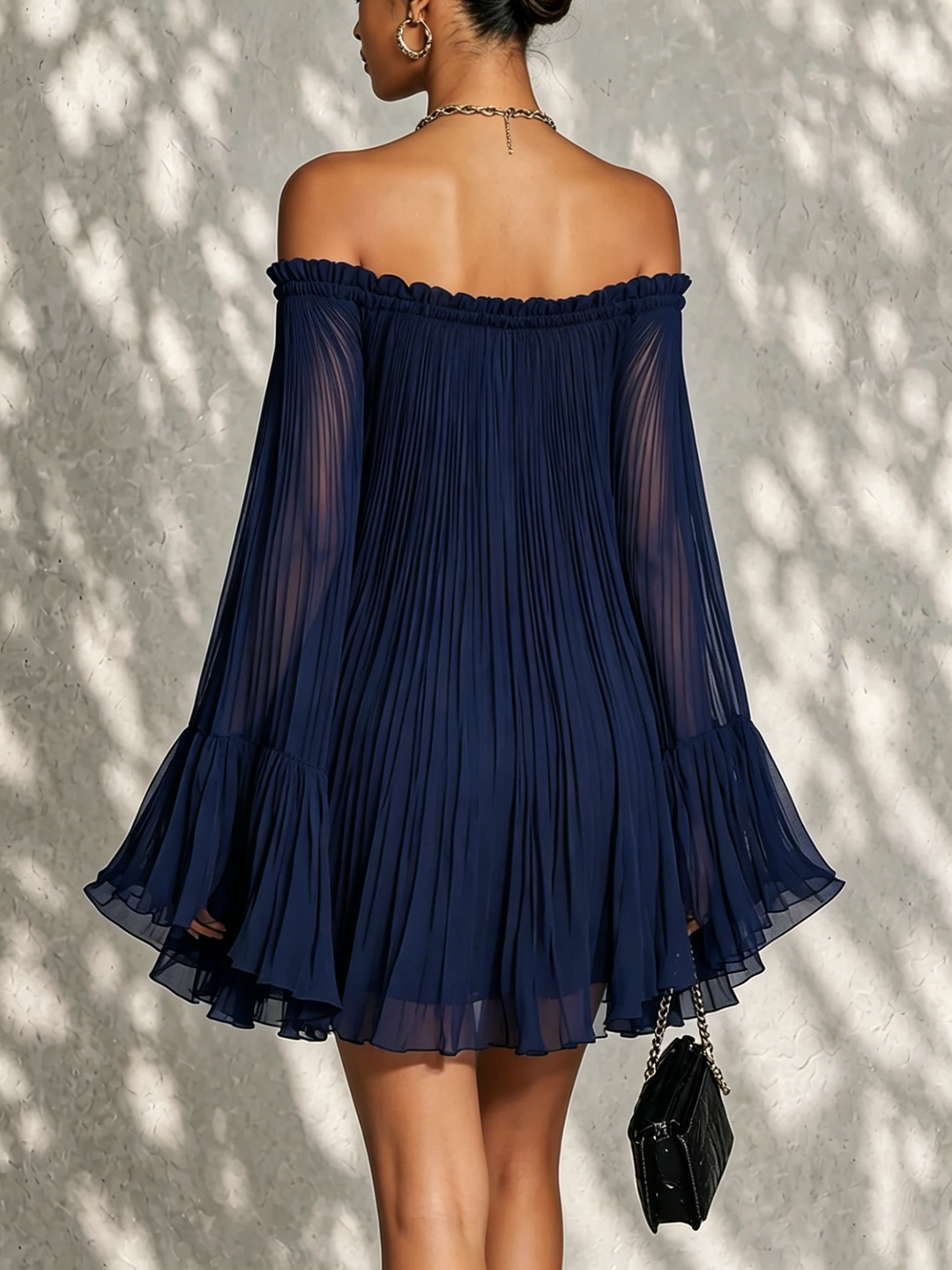 Navy Off-shoulder Ruffled Bell Sleeve Mini Dress
