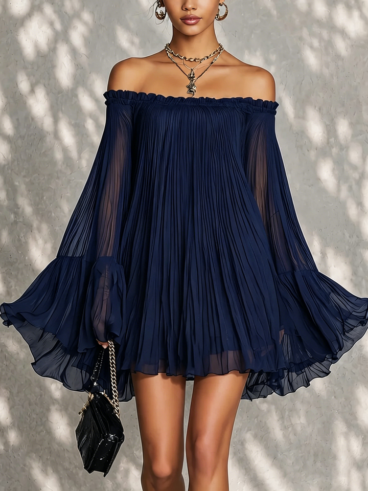 Navy Off-shoulder Ruffled Bell Sleeve Mini Dress