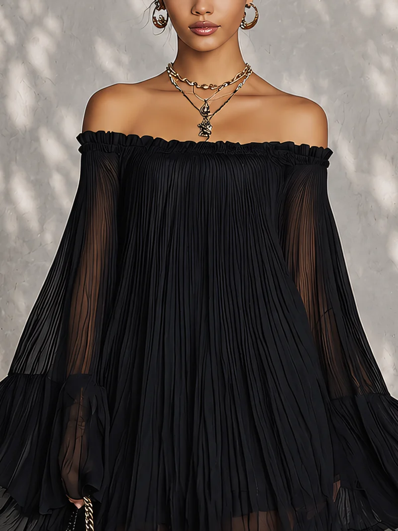 Black Off-shoulder Ruffled Bell Sleeve Mini Dress