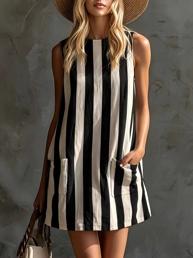 Retro Striped Sleeveless Round Neck Mini Dress