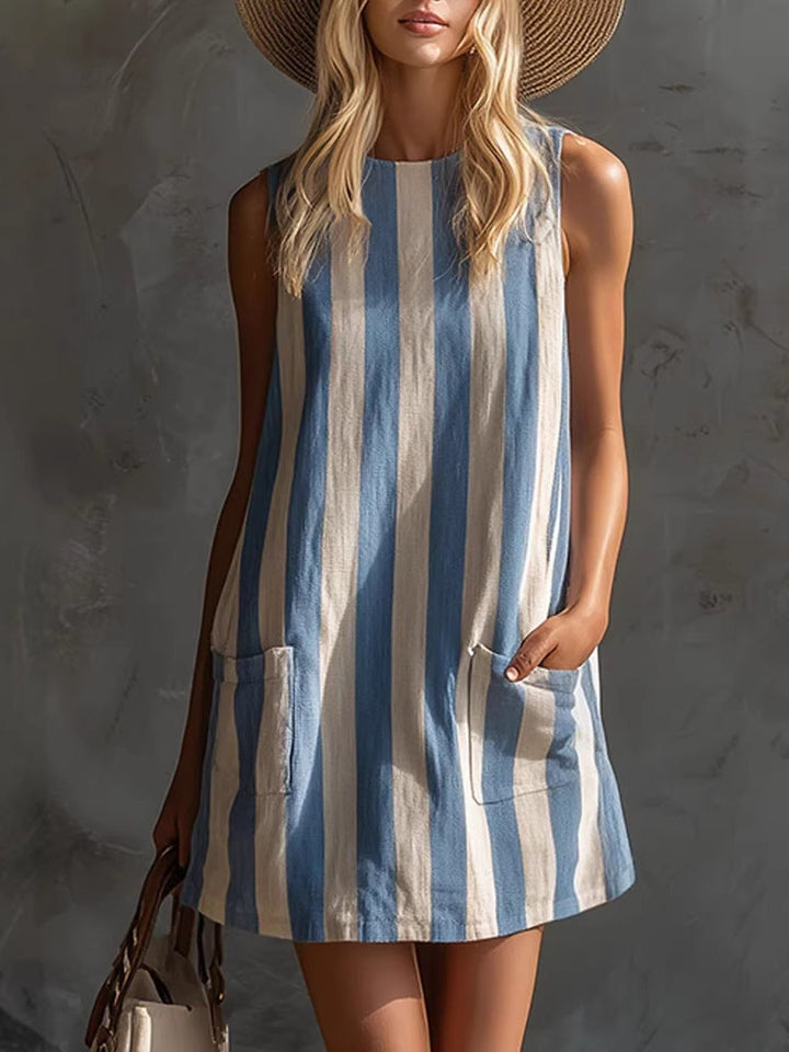 Retro Striped Sleeveless Round Neck Mini Dress