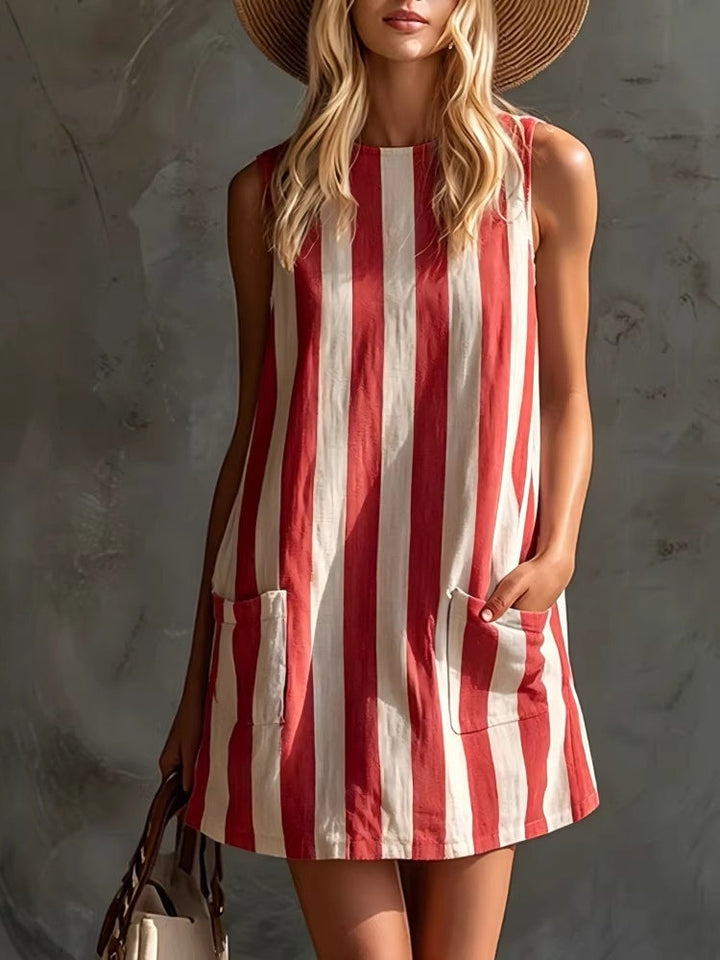 Retro Striped Sleeveless Round Neck Mini Dress