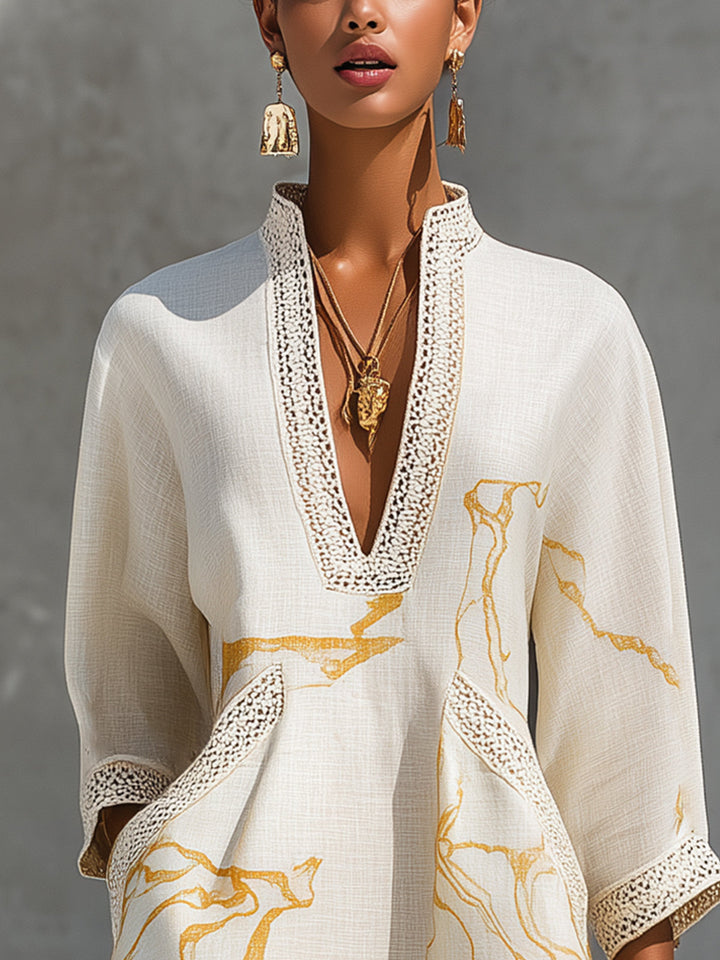Ivory Gold Printed V-neck Mini Dress