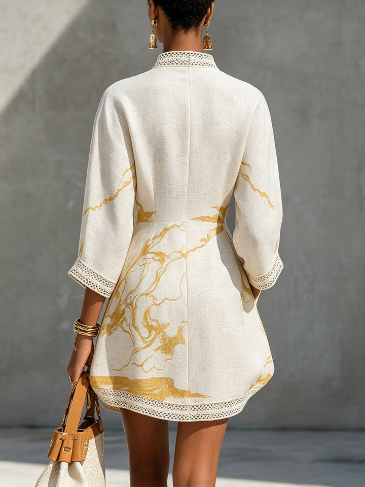 Ivory Gold Printed V-neck Mini Dress
