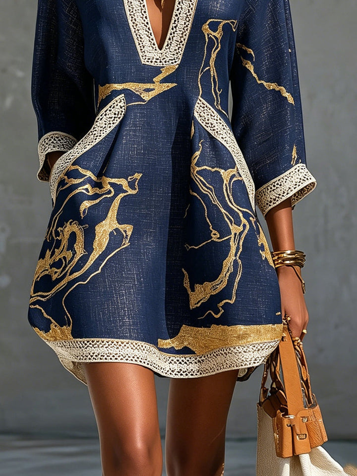 Navy Gold Printed V-neck Mini Dress