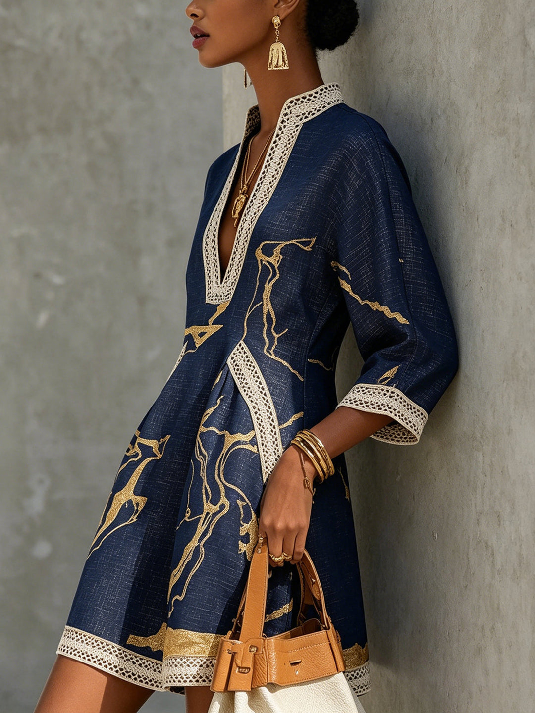 Navy Gold Printed V-neck Mini Dress