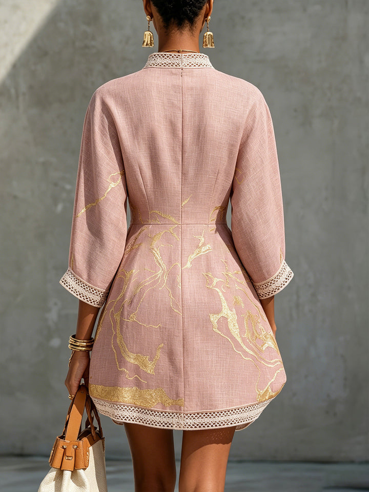 Pink Gold Printed V-neck Mini Dress