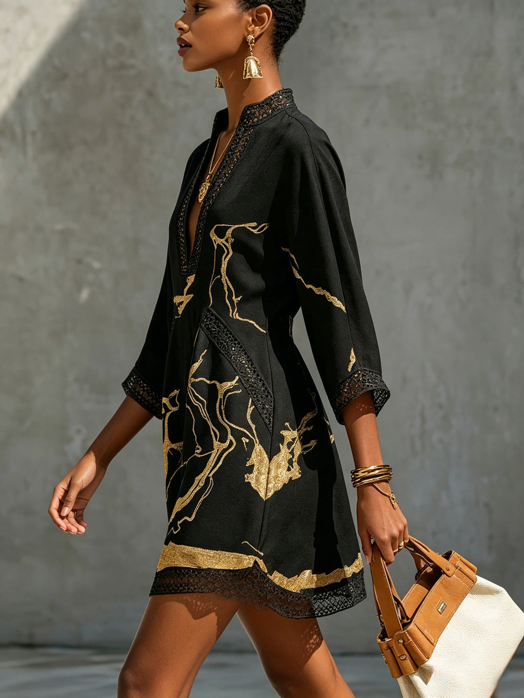 Black Gold Printed V-neck Mini Dress