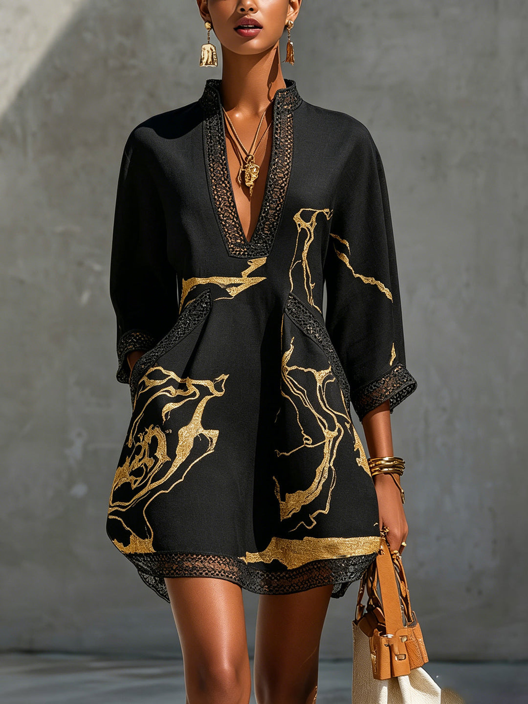Black Gold Printed V-neck Mini Dress