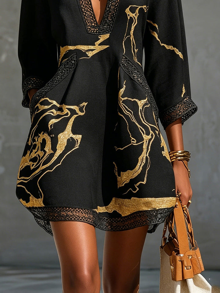 Black Gold Printed V-neck Mini Dress