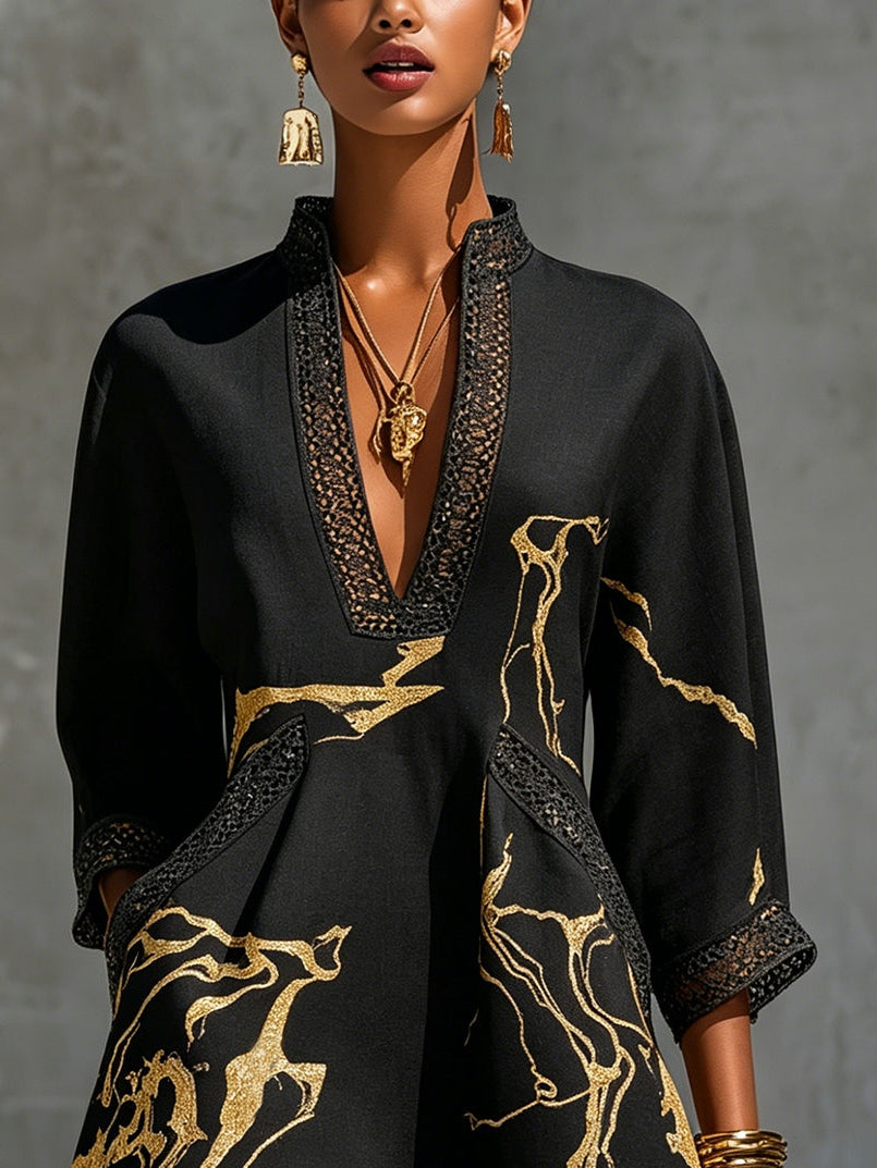 Black Gold Printed V-neck Mini Dress