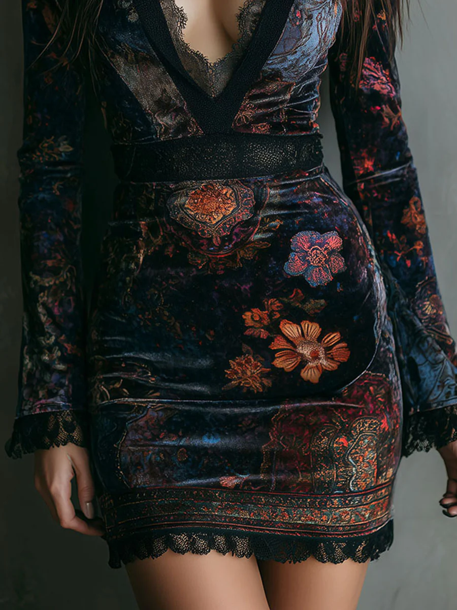 Floral Print V-neck Velvet Lace Trim Slim-fit Mini Dress