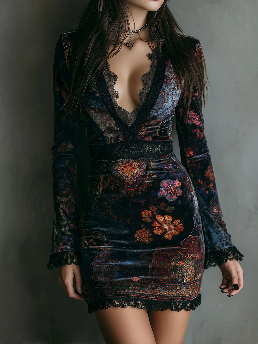Floral Print V-neck Velvet Lace Trim Slim-fit Mini Dress