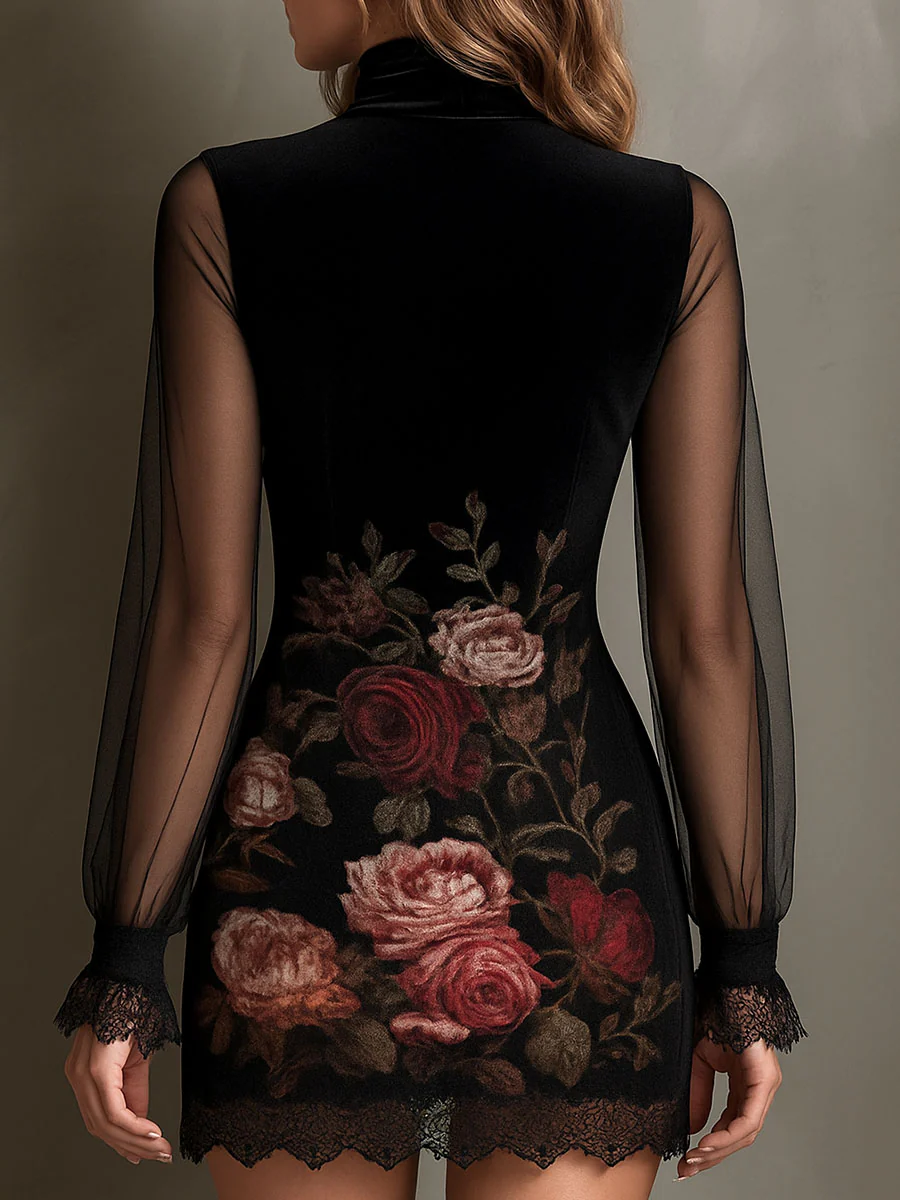 Rose Print Tulle Lace Trim Mini Dress