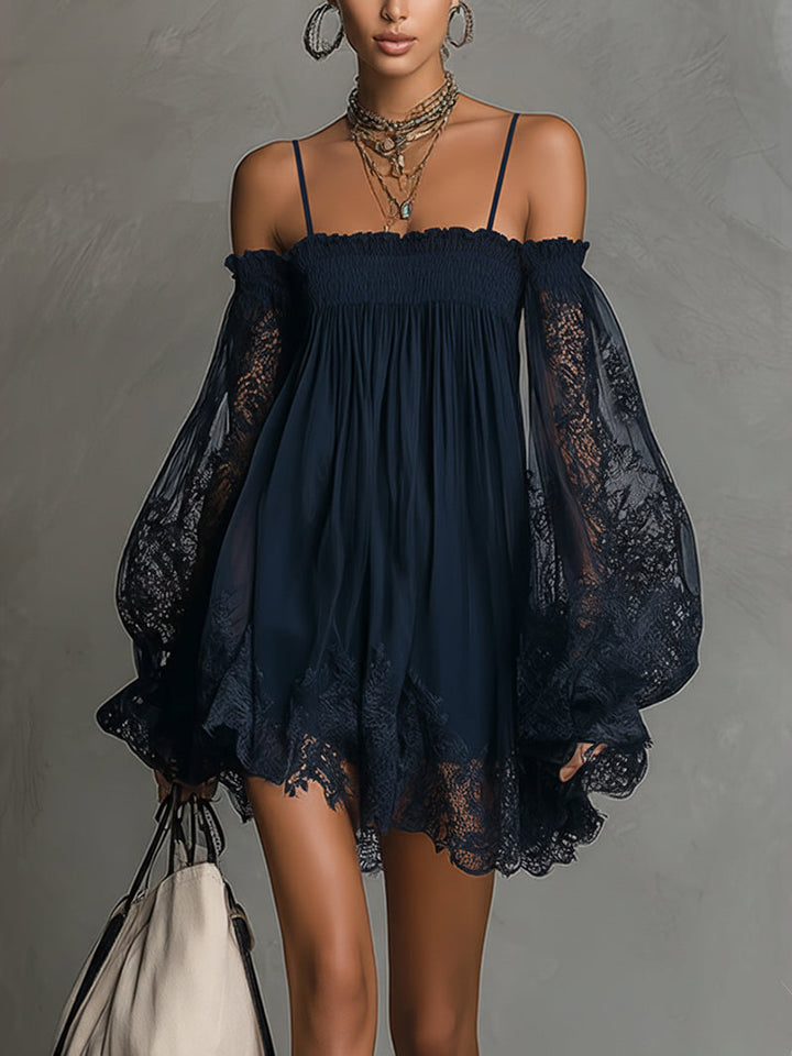 Noemi | Mini dress in navy blue chiffon with off-the-shoulder neckline, lace trim, and sheer sleeves