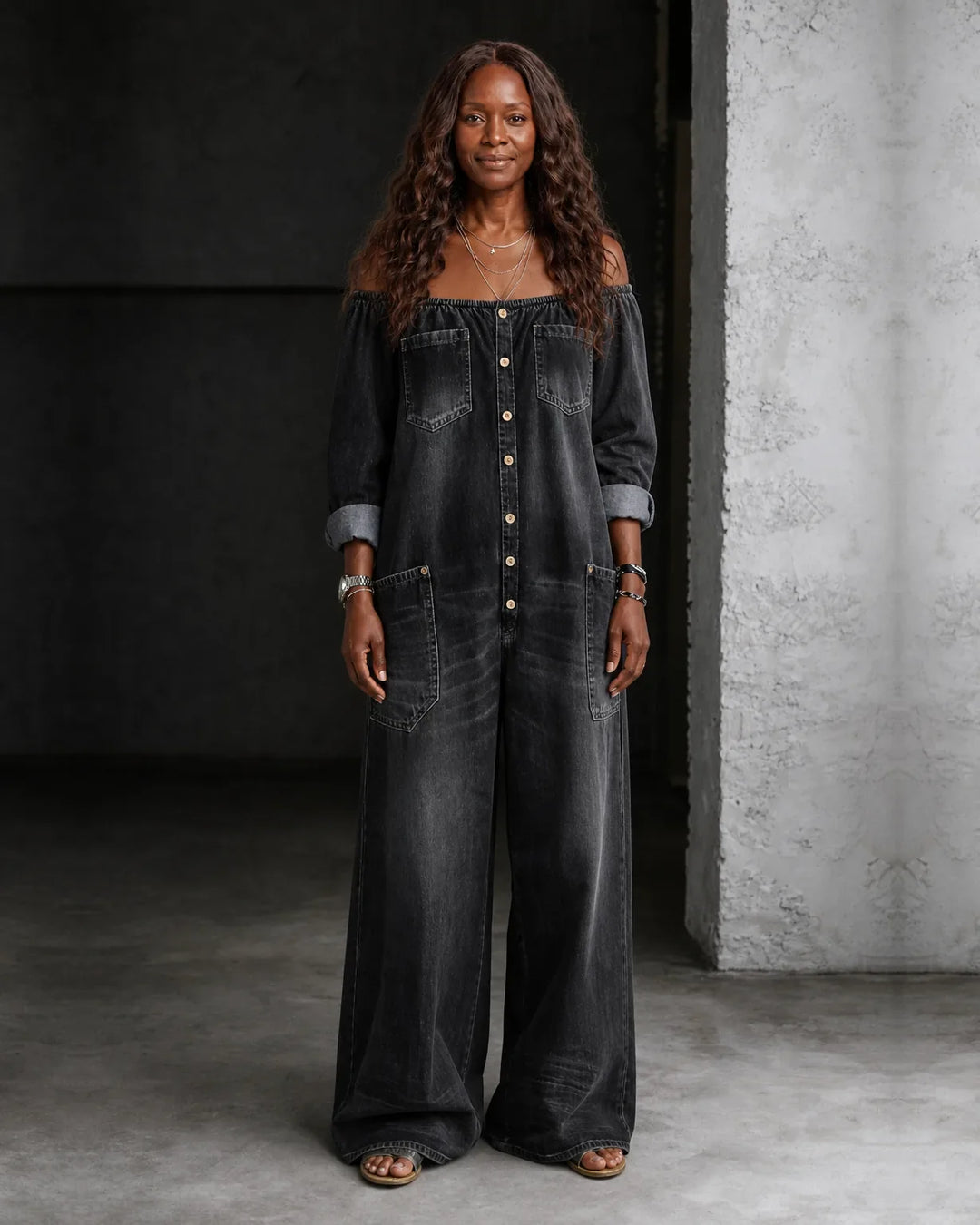 Zaria | Off-Shoulder Long Sleeve Denim Overall