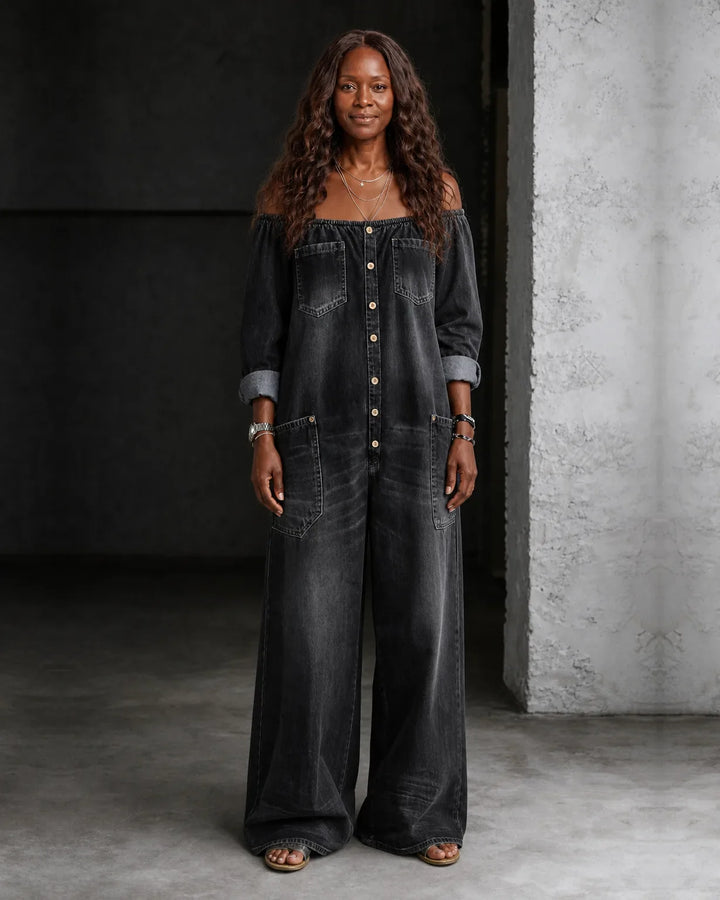 Zaria | Off-Shoulder Long Sleeve Denim Overall