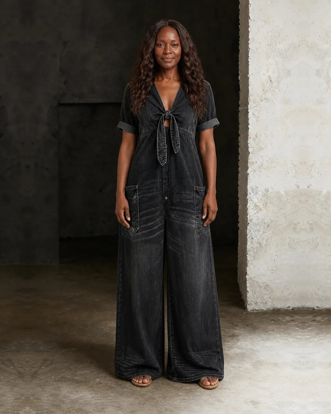 Brianna | Short V-Neck Short Sleeve Denim Overall