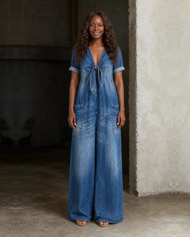 Brianna | Short V-Neck Short Sleeve Denim Overall