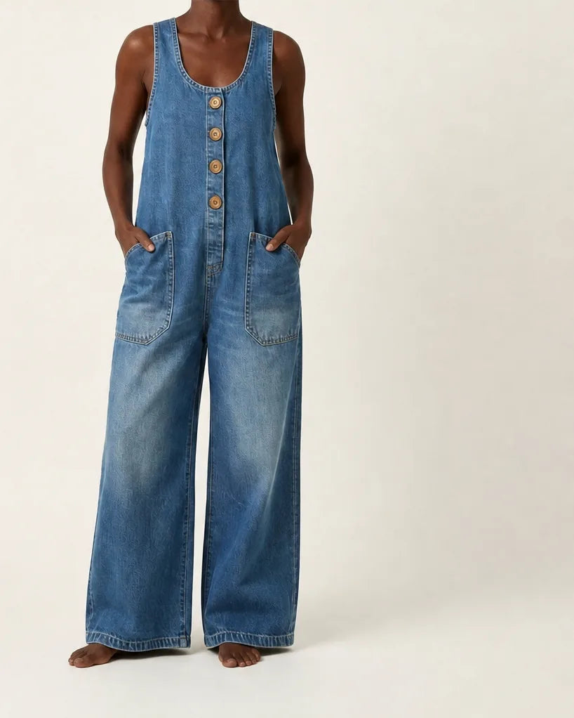 Liva | Button-Strap Denim Jumpsuit