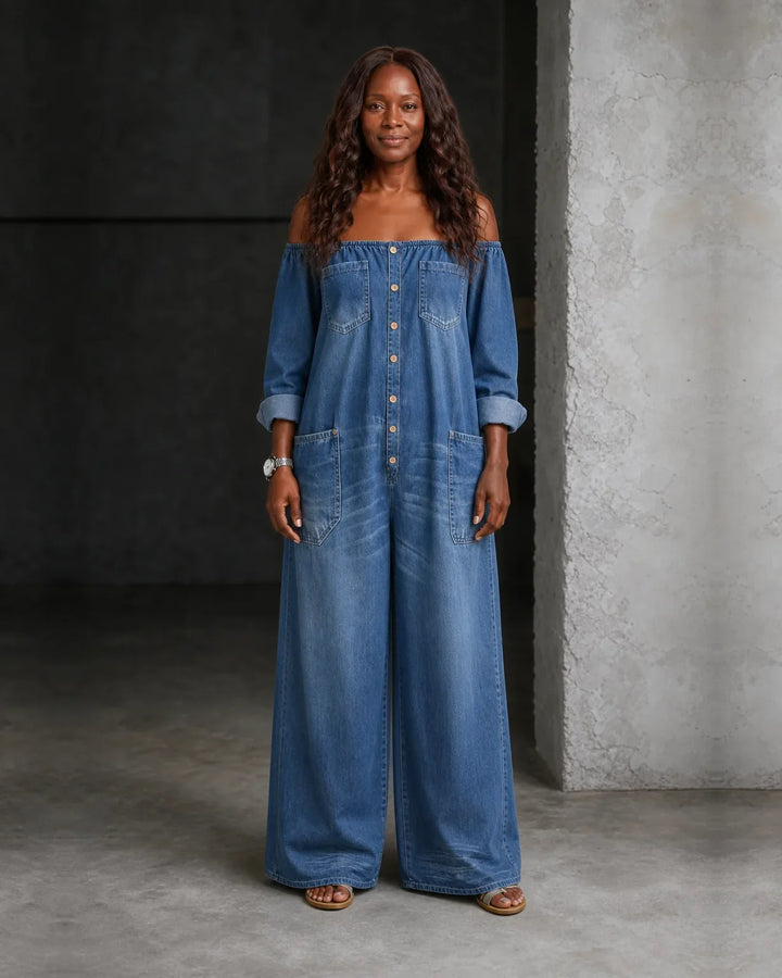 Zaria | Off-Shoulder Long Sleeve Denim Overall