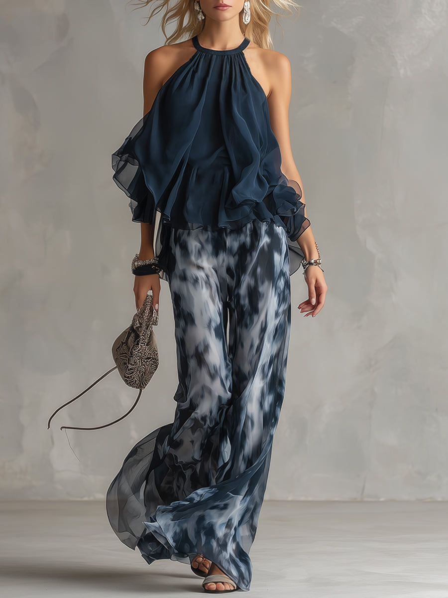 Ludovica | Stylish Navy Halter Top and Wide-Leg Printed Set