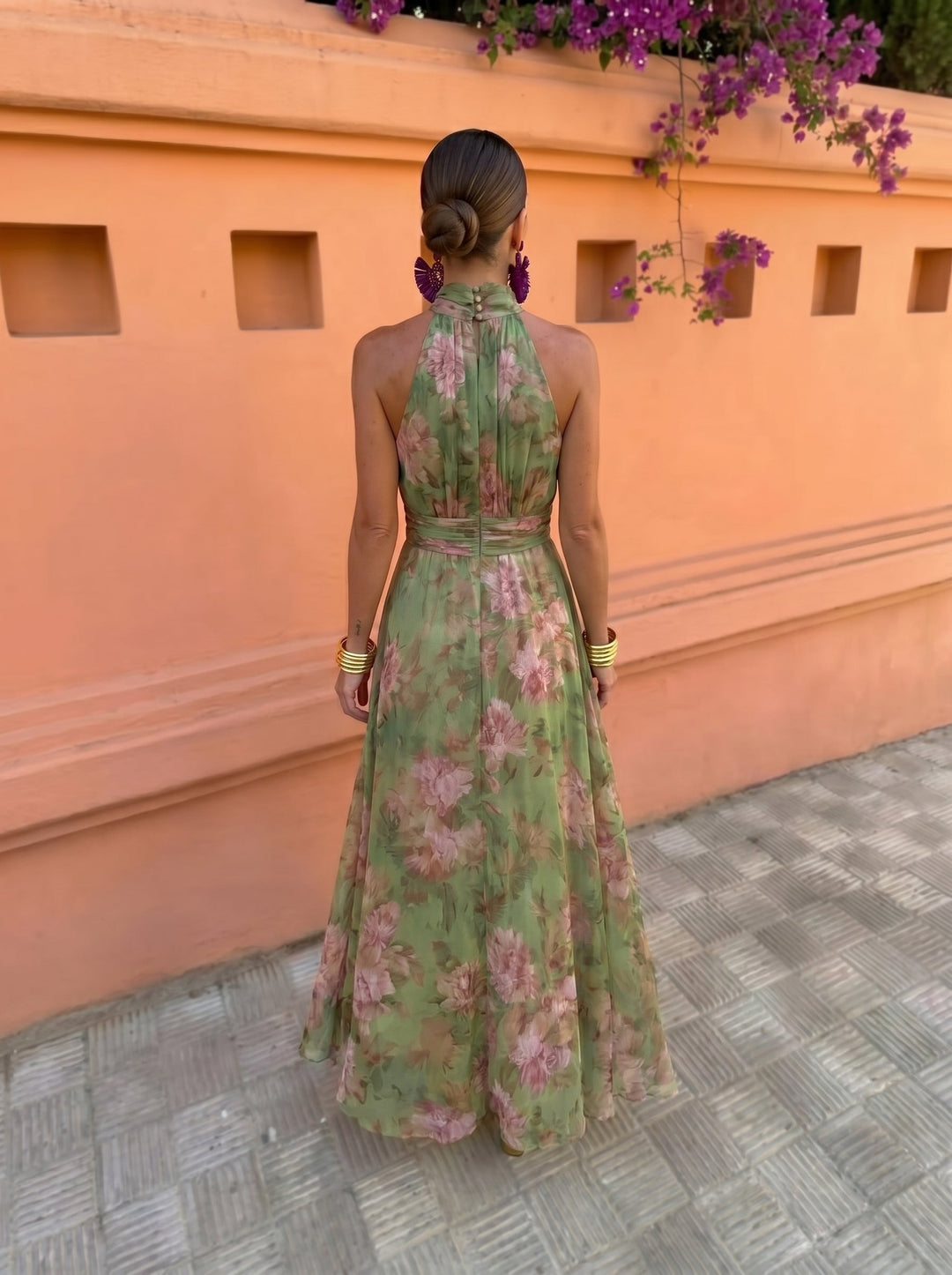 Florencia™ | Long Floral Dress with Low Neckline