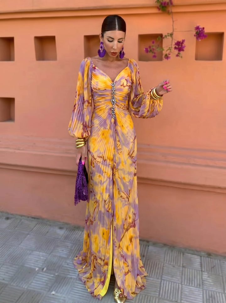 Gregoria™ | Long Floral Dress with Deep Neckline