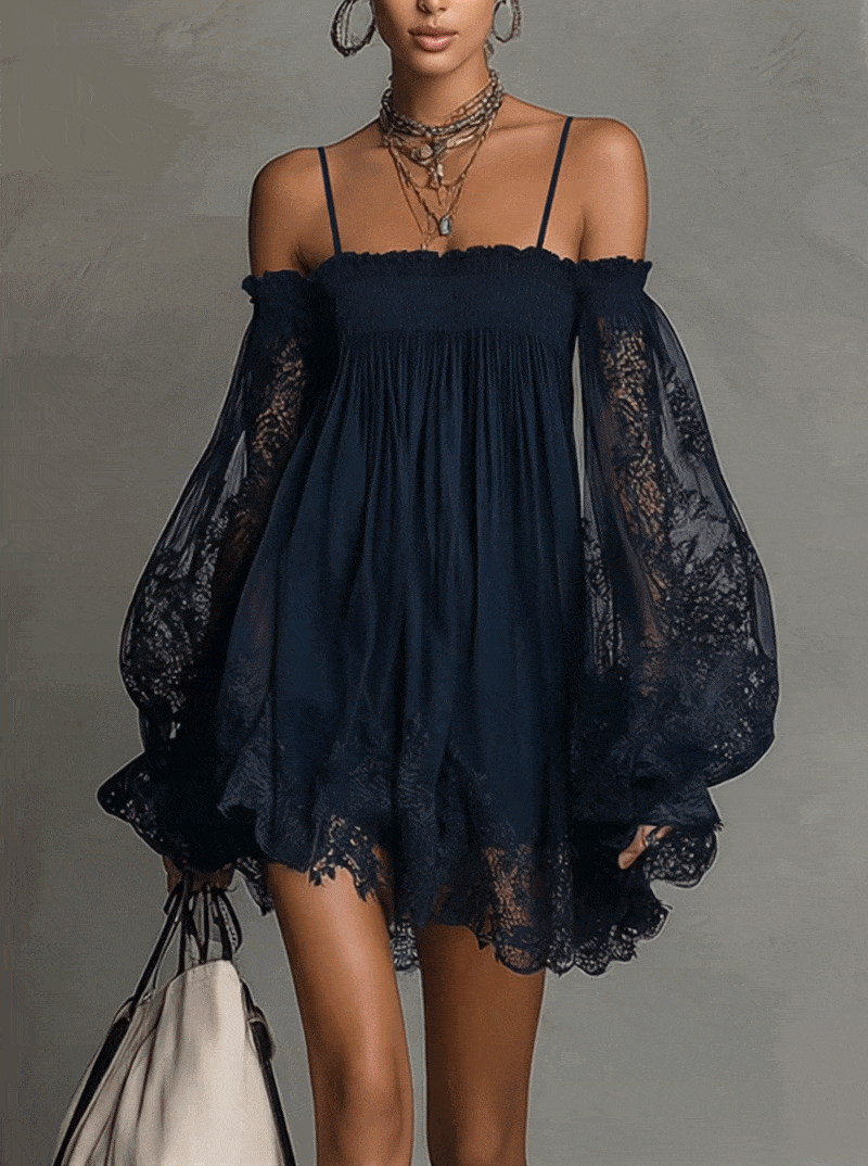 Noemi | Mini dress in navy blue chiffon with off-the-shoulder neckline, lace trim, and sheer sleeves