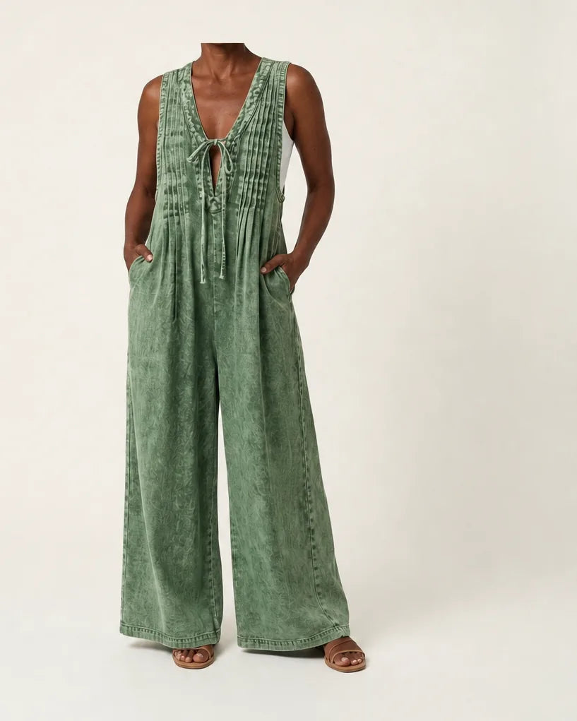 Griselda | Pleated Wide-Leg Denim Jumpsuit