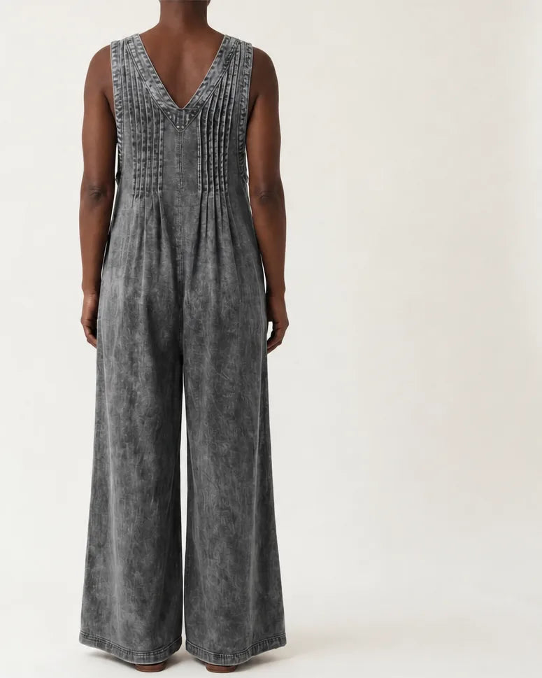 Griselda | Pleated Wide-Leg Denim Jumpsuit