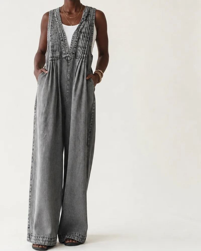 Griselda | Pleated Wide-Leg Denim Jumpsuit