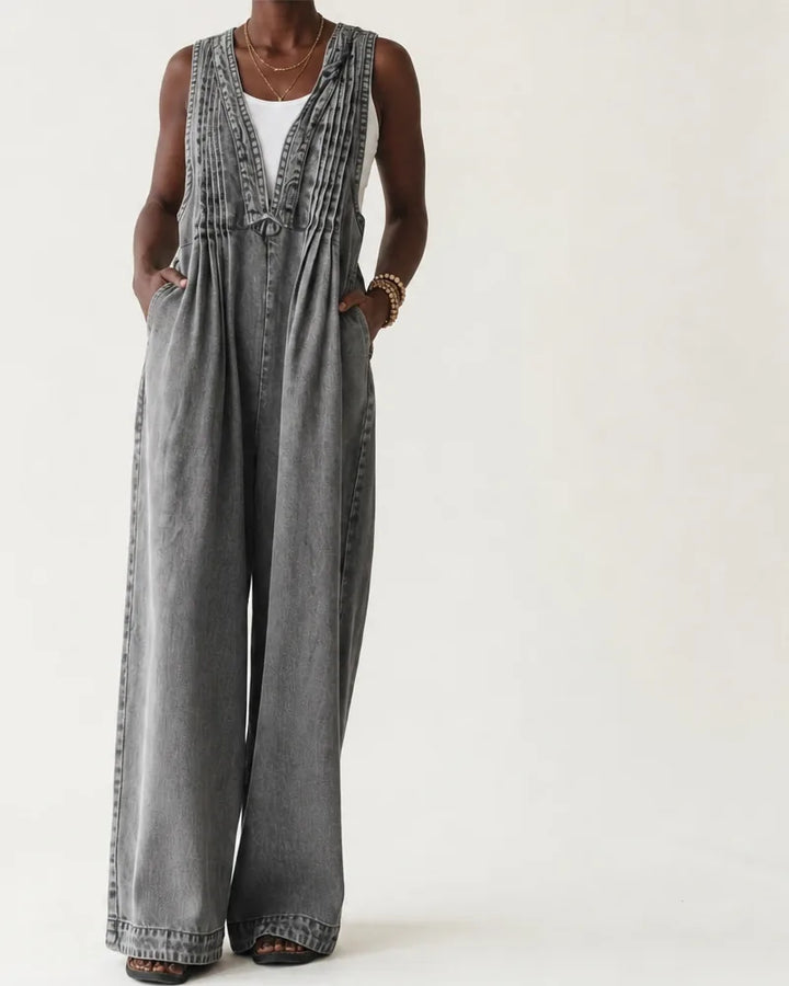 Griselda | Pleated Wide-Leg Denim Jumpsuit